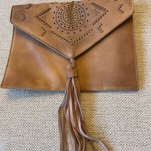 Anthropologie Brown Leather Clutch with Tassel